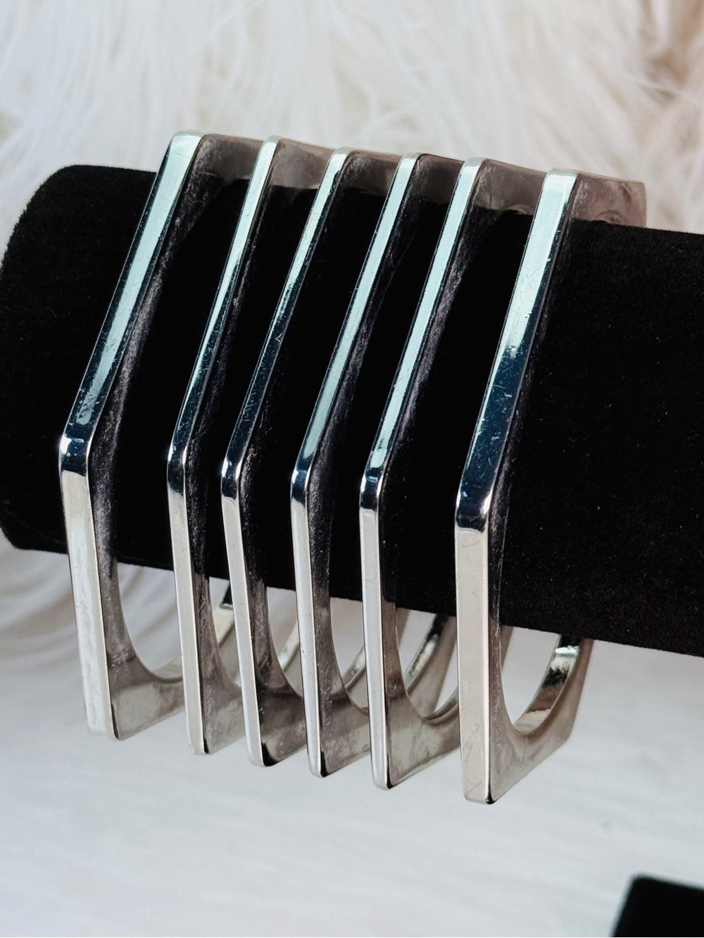 Vintage weighted set of 6 Silvertone geometric, modernist bangle bracelets